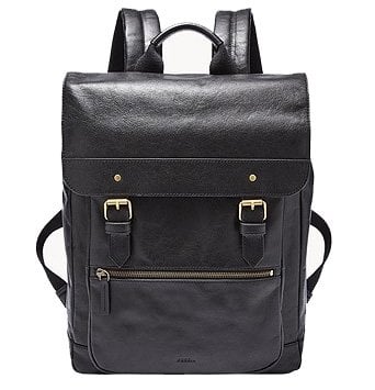 Black leather backpack for men by Fossil