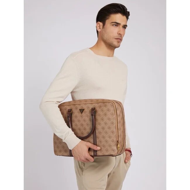 Man wearing a beige work messenger bag from Guess