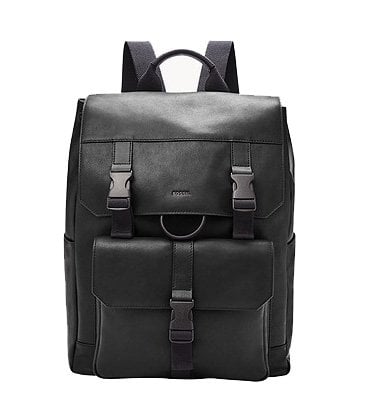 Black polyester and leather backpack for men with a zippered pocket