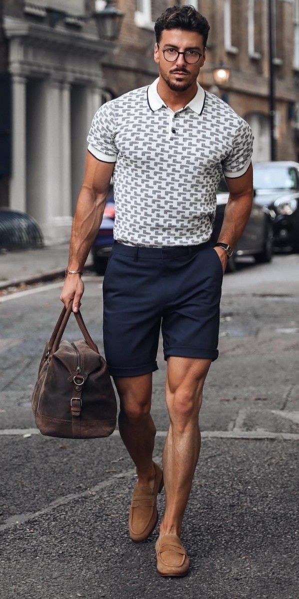 men's shorts look with accessories: bag sunglasses and shoes like loafers