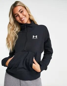 Blonde woman wearing the zippered fleece sweatshirt from Under Armour