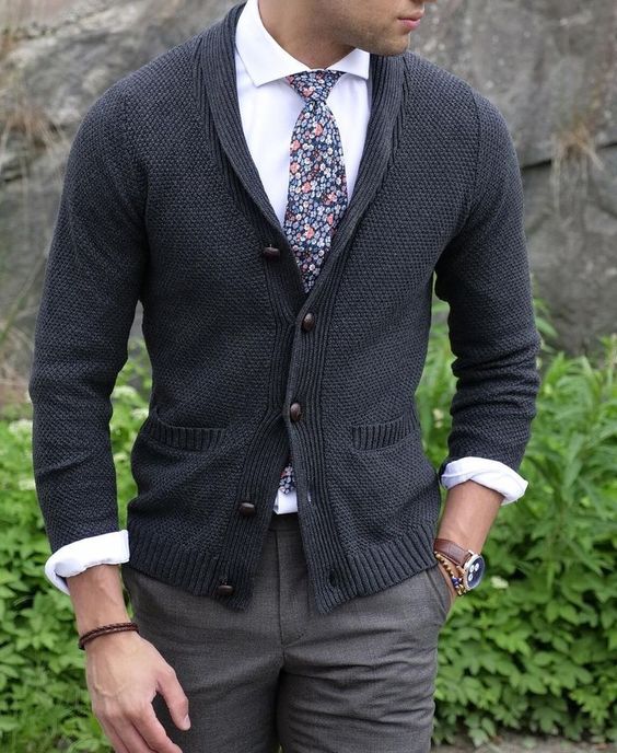 Man in a cardigan with a shirt suit