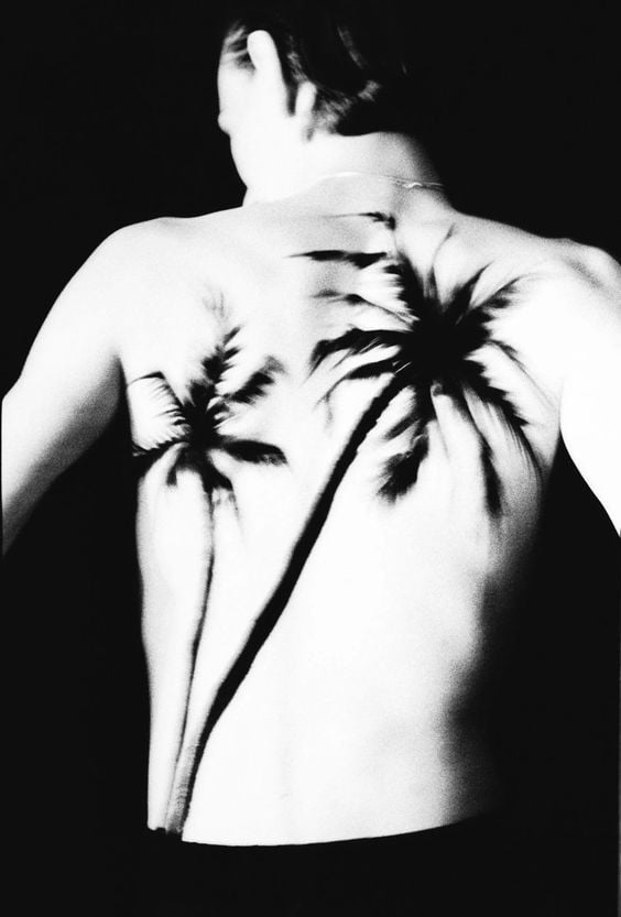 Peinture palmiers noirs dos modèle défilé Raf Simon