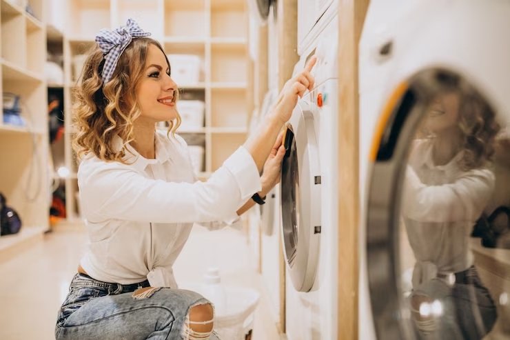 A woman pressing a button on a washing machine