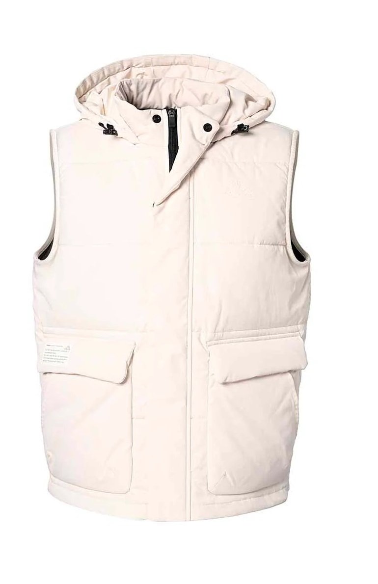 Beige sleeveless hooded jacket with pockets
