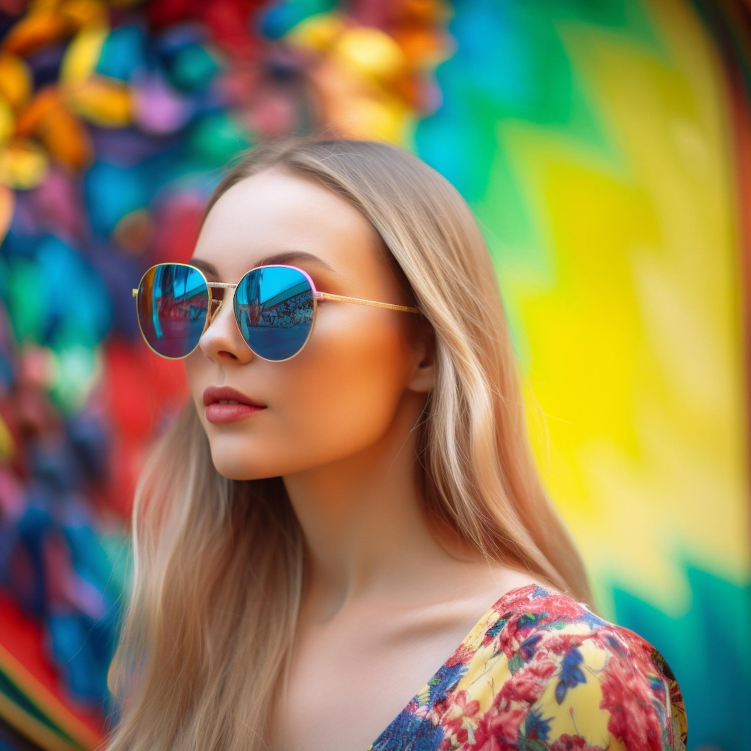 Woman with reflective blue sunglasses against a colorful background