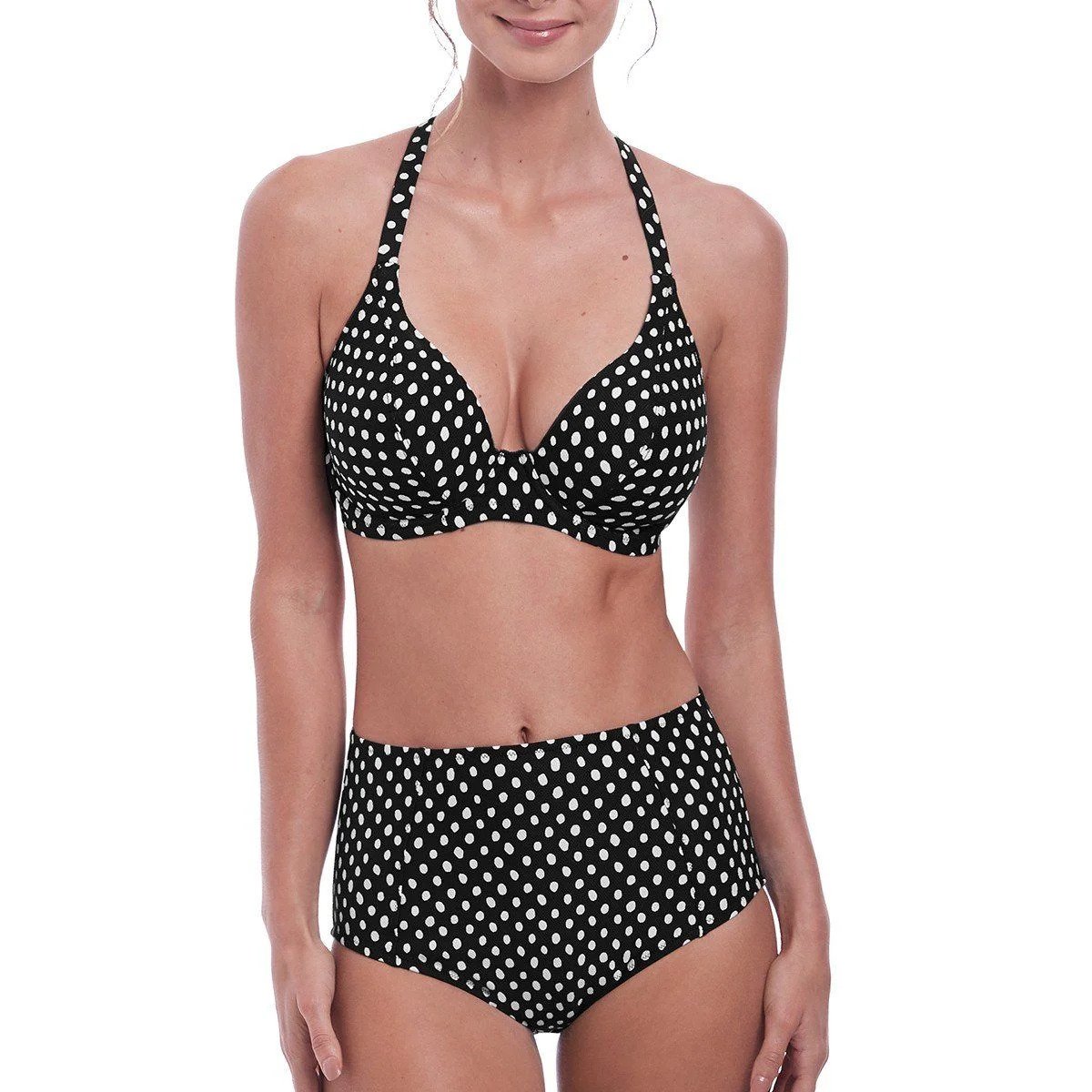 Fantasy Beach High-Waisted Black Swimsuit with White Polka Dots