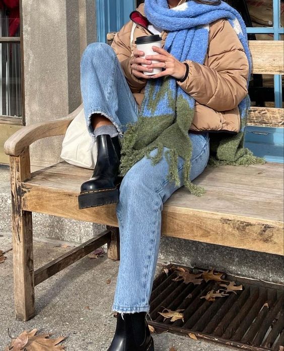 Outfit with a large colorful scarf