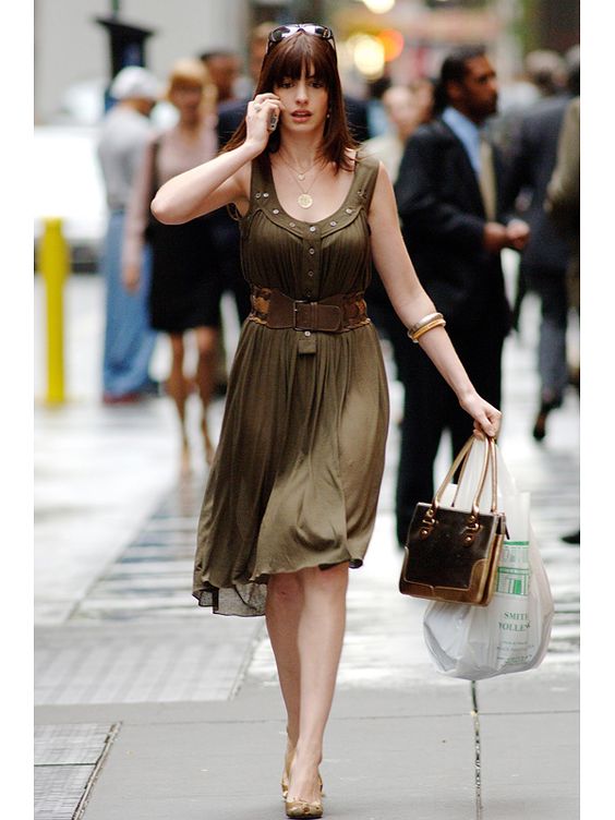 Olive green dress Calvin Klein Andrea Sachs in The Devil Wears Prada