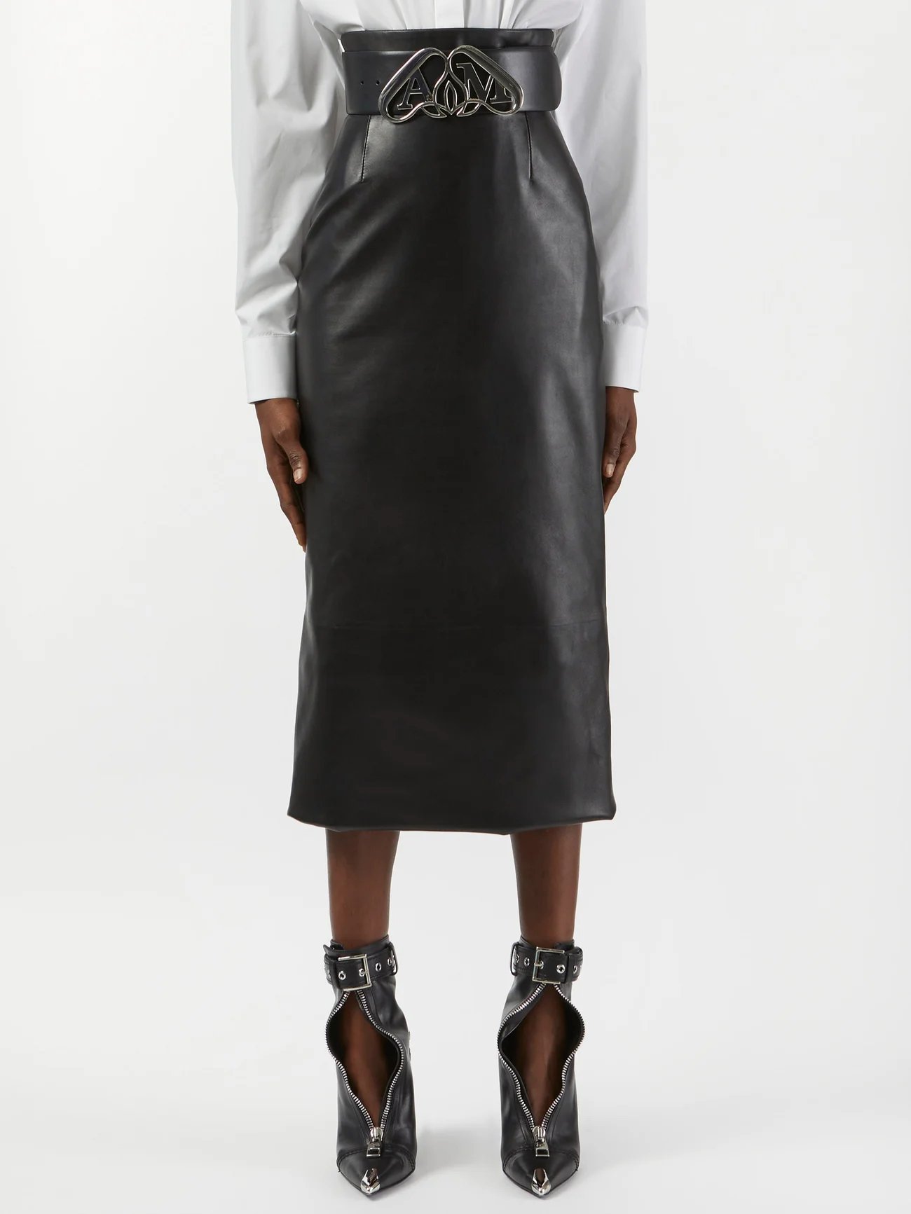 Alexander McQueen High-Waisted Leather Midi Skirt