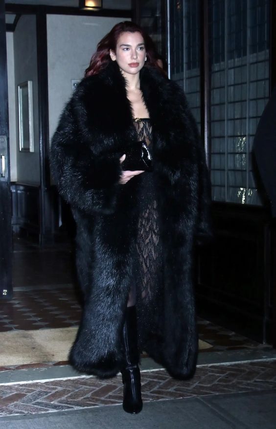 Black fur coat Dua Lipa