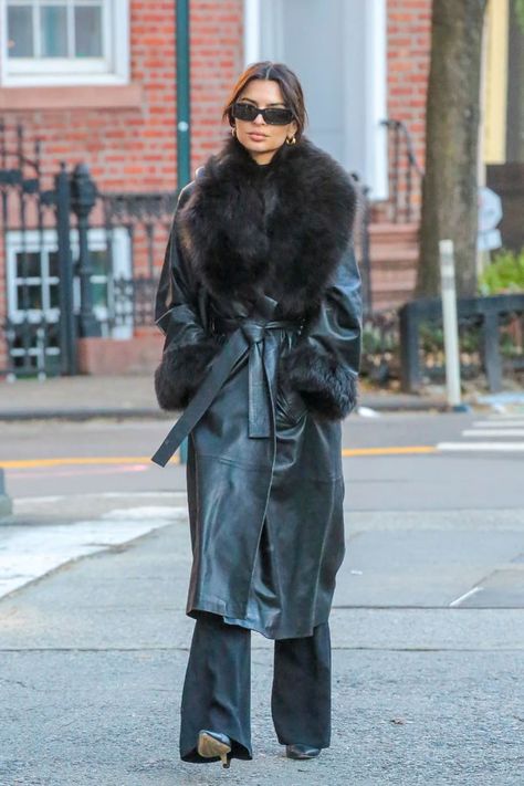 Leather and fur coat Mob wife Emily Ratajkowski