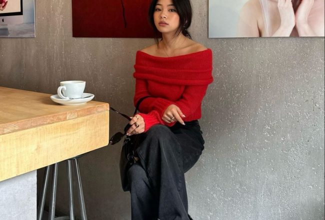 Pull femme rouge col Bardot