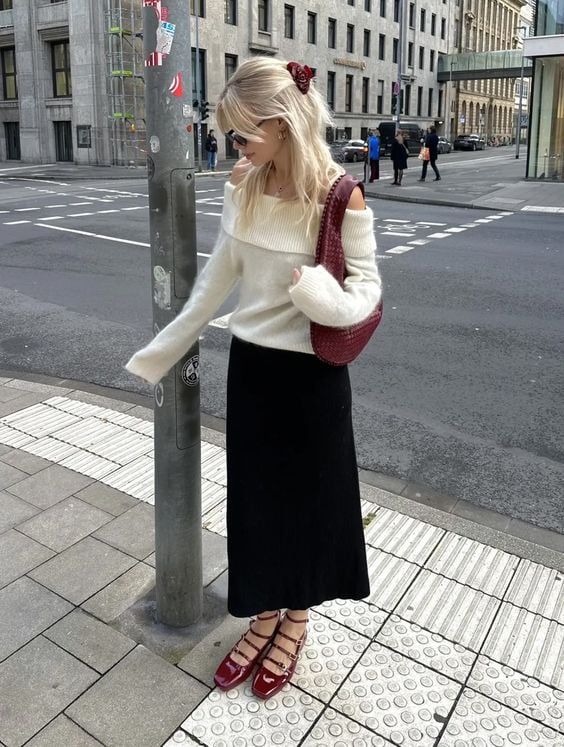 Look with Bardot neckline sweater