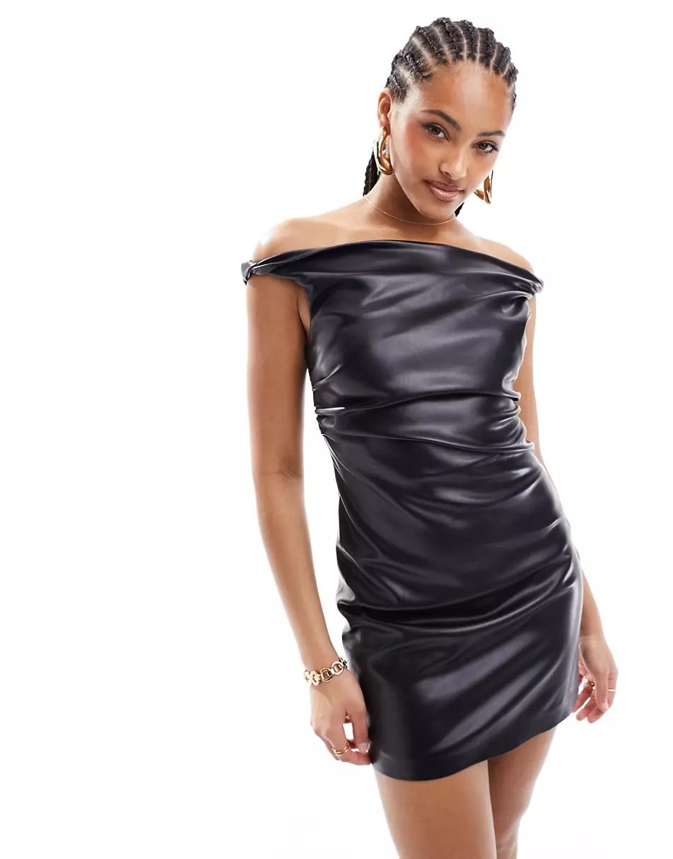 Mango faux leather dress with Bardot neckline