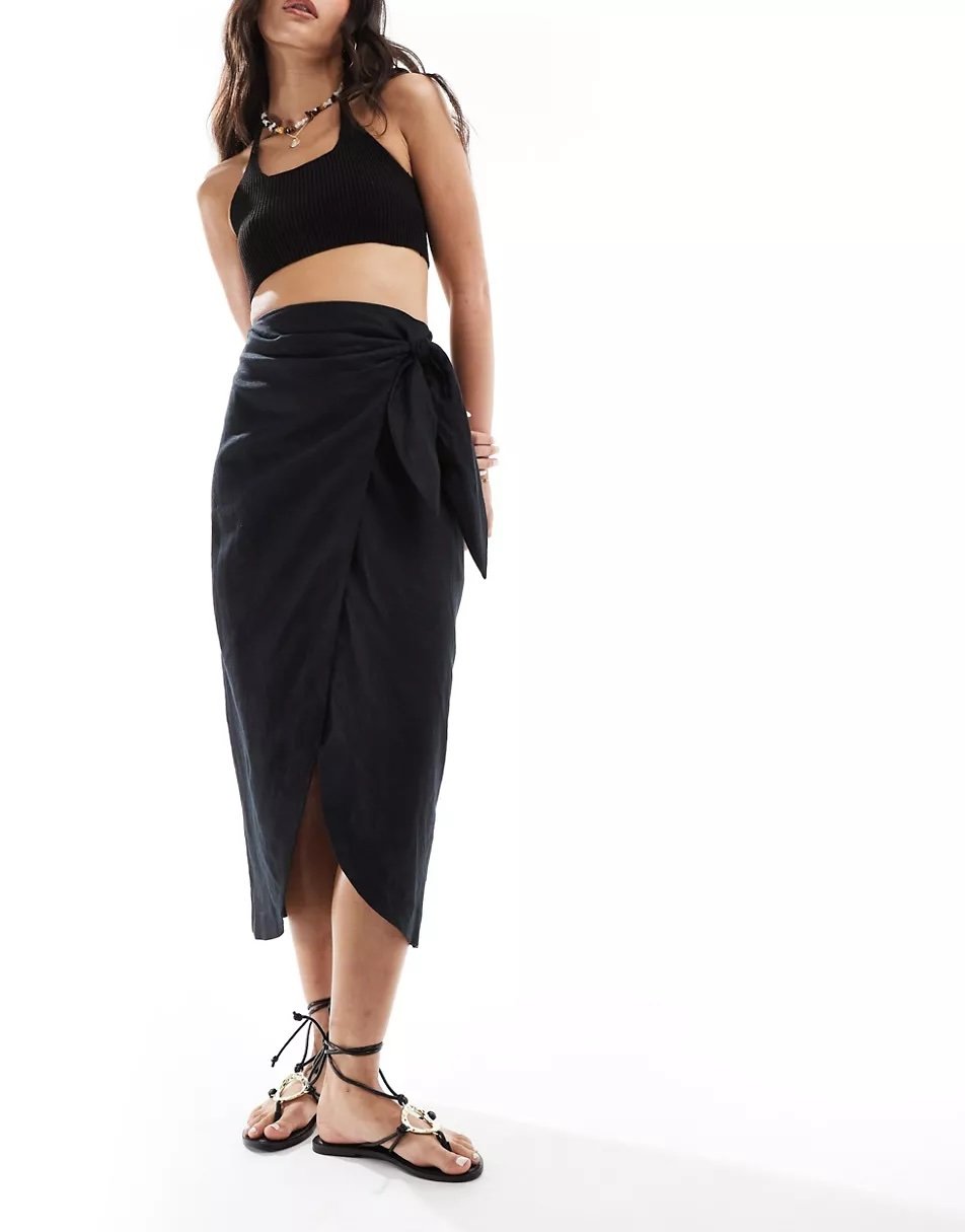 black linen wrap skirt Mango