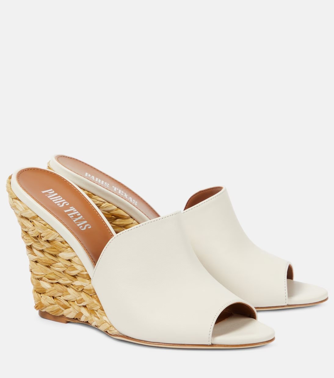 White and raffia wedge mules Paris Texas