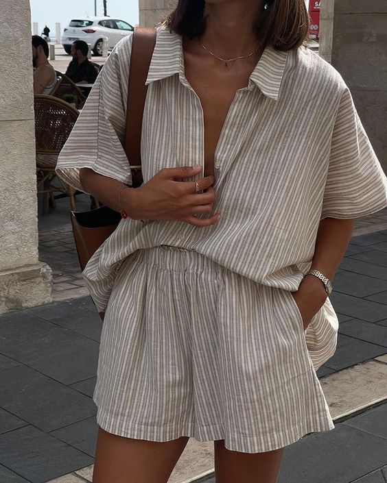 striped beige linen shorts