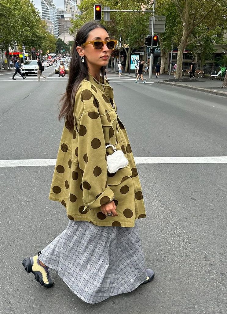 The polka dot print is back like never before! 30 Long khaki jacket with polka dots